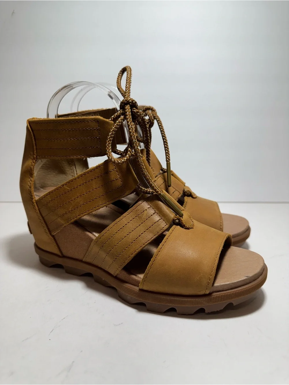 Sorel Tan Leather Joanie Il Lace Up Ankle Wedge Heel Strappy Sandals Size 9